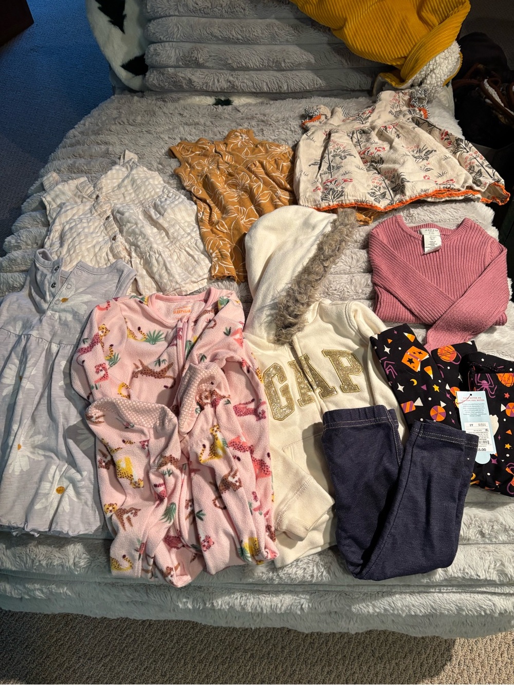 GAP Cream Hoodie with Pink Animal Print Onesie & Mustard and Navy Accents